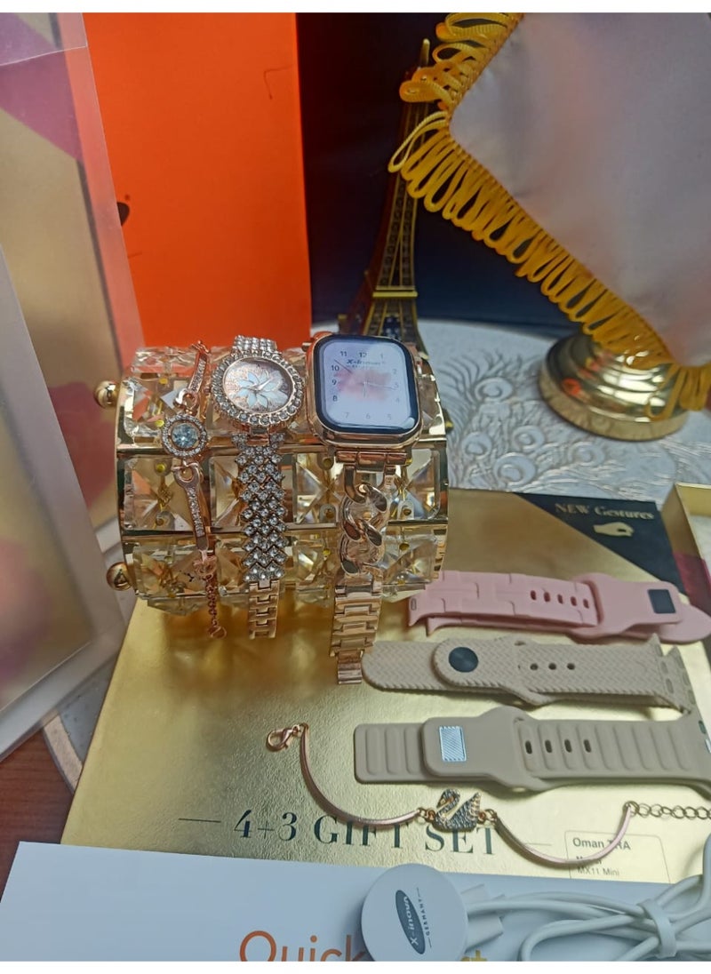 The most luxurious and elegant girls' smart watch (original gold case color) MX11 MINI from X-Inova Germany - a smart watch with a regular watch with 4 different straps with 2 very elegant bracelets