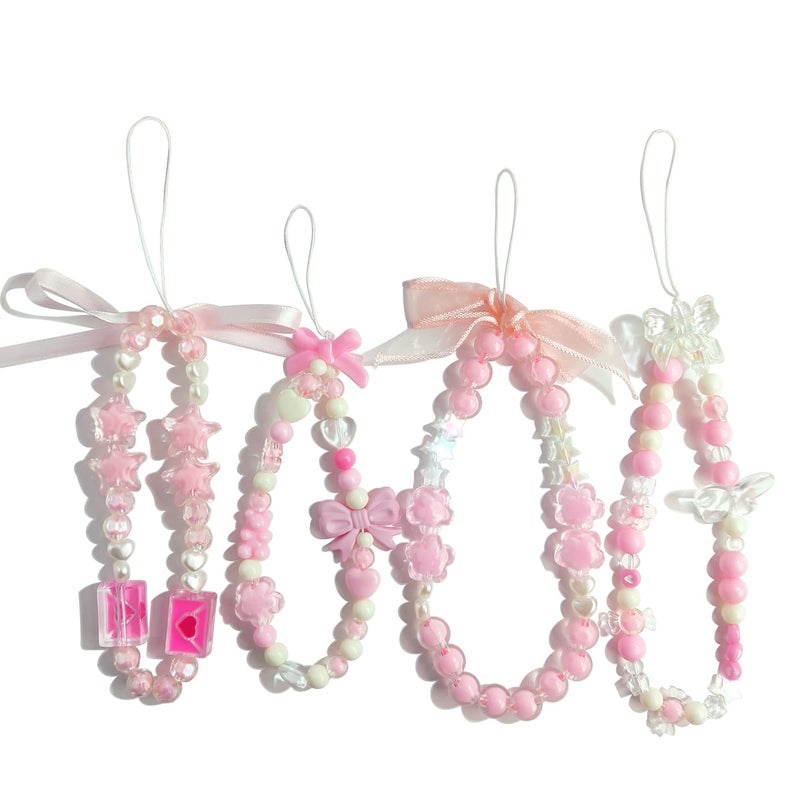 cioatu 4 Pieces Cute Phone Charms Beaded Phone Strap Aesthetic Y2K CellPhone Keychain Cute Bear Butterfly Heart Cool PhoneCharm for Bag Keychain Airpods Camera Pendants Decor (Pink Set) - Image 1