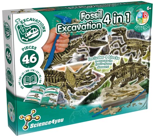 Science4you Dinosaur Fossil Excavation Kit 4 in 1 Fossil Digging Kit for Kids Build 4 Dinosaur Fossils 46 Pieces Archeology Set Hunting Kit Dinosaur Toys Games for Boys and Girls Age 6 - Image 1