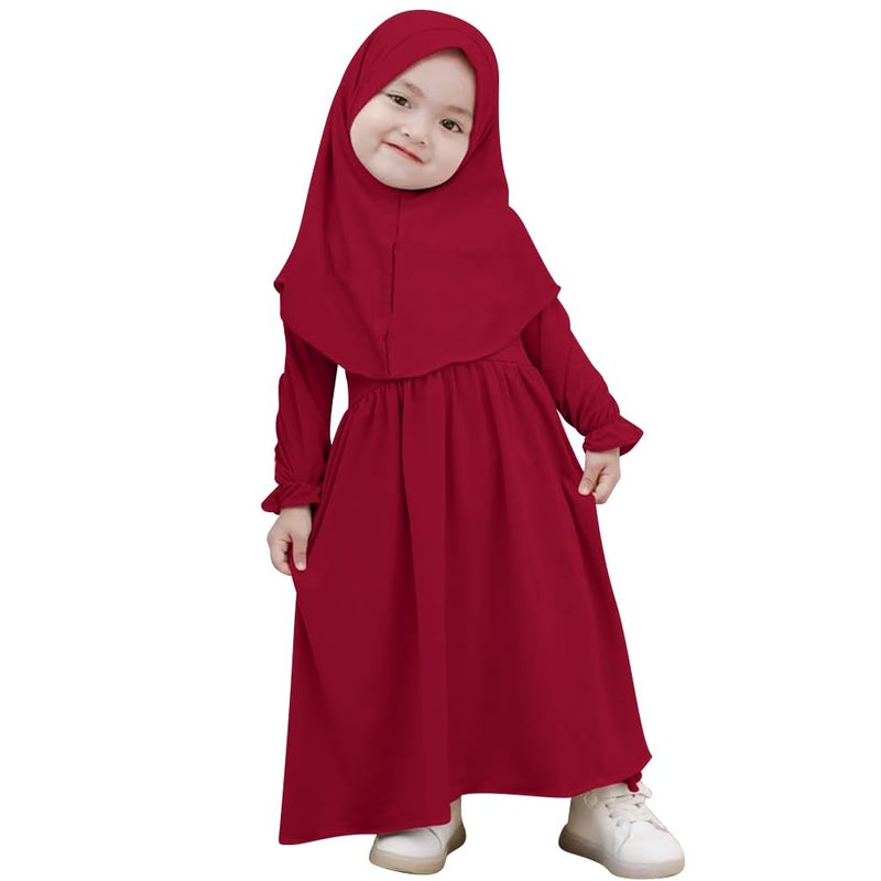 Newborn Infant Baby Girls Muslim Abaya Prayer Dress Toddler Kids Long Sleeve Islamic Kaftan Dress with Hijab Two Piece Set Middle East Arabian Dubai Robe Ramadan Eid Party Clothes Wine Red 612M