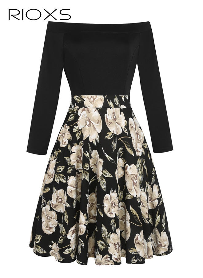 RIOXS ​​Women's Off-Shoulder Black Floral Dress, Elegant Long Sleeve A-Line Midi Dress with Zipper, Stretchy Bodycon Top with Full Skirt, Romantic Garden Party Dress, Formal Cocktail Dress for Special Occasions​ - Image 3