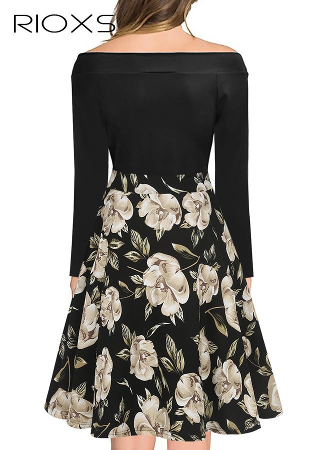 RIOXS ​​Women's Off-Shoulder Black Floral Dress, Elegant Long Sleeve A-Line Midi Dress with Zipper, Stretchy Bodycon Top with Full Skirt, Romantic Garden Party Dress, Formal Cocktail Dress for Special Occasions​ - Image 2