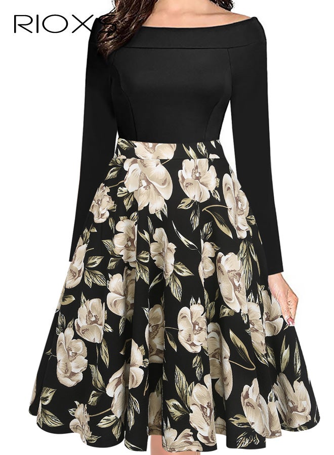 RIOXS ​​Women's Off-Shoulder Black Floral Dress, Elegant Long Sleeve A-Line Midi Dress with Zipper, Stretchy Bodycon Top with Full Skirt, Romantic Garden Party Dress, Formal Cocktail Dress for Special Occasions​ - Image 1