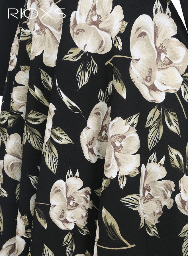 RIOXS ​​Women's Off-Shoulder Black Floral Dress, Elegant Long Sleeve A-Line Midi Dress with Zipper, Stretchy Bodycon Top with Full Skirt, Romantic Garden Party Dress, Formal Cocktail Dress for Special Occasions​ - Image 5