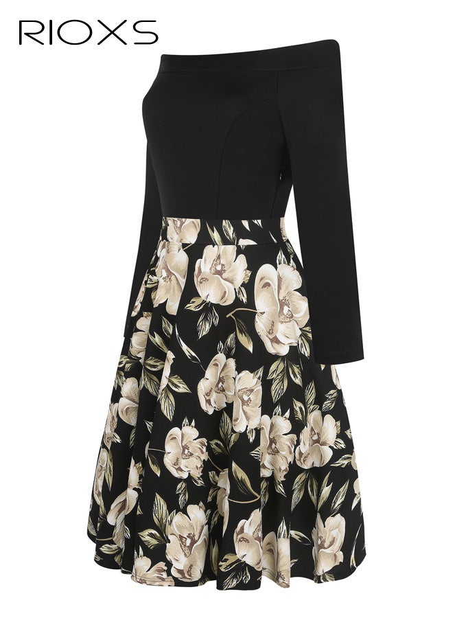 RIOXS ​​Women's Off-Shoulder Black Floral Dress, Elegant Long Sleeve A-Line Midi Dress with Zipper, Stretchy Bodycon Top with Full Skirt, Romantic Garden Party Dress, Formal Cocktail Dress for Special Occasions​ - Image 4