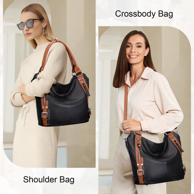 Over Earth Genuine Leather Handbags for Women Hobo Shoulder Bags Ladies Tote Bag(O172E Black/Brown) - Image 2