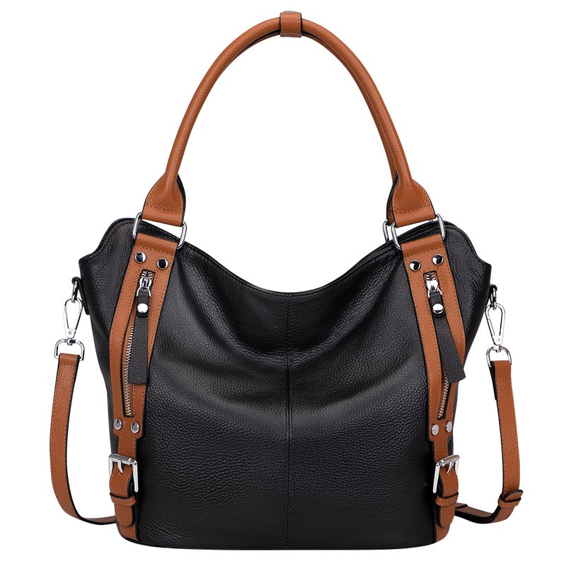 Over Earth Genuine Leather Handbags for Women Hobo Shoulder Bags Ladies Tote Bag(O172E Black/Brown) - Image 1