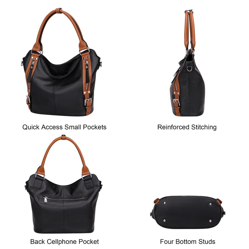 Over Earth Genuine Leather Handbags for Women Hobo Shoulder Bags Ladies Tote Bag(O172E Black/Brown) - Image 3