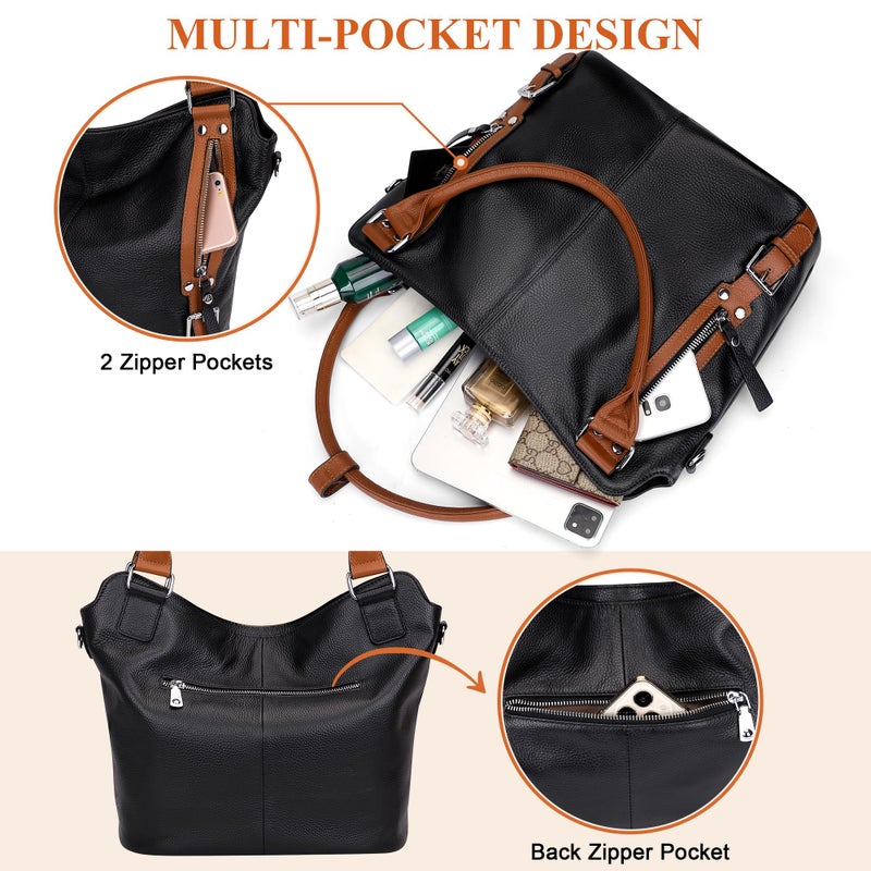 Over Earth Genuine Leather Handbags for Women Hobo Shoulder Bags Ladies Tote Bag(O172E Black/Brown) - Image 4