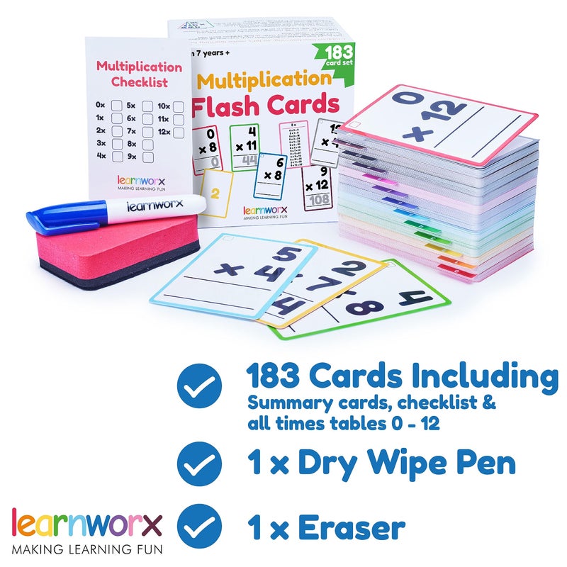 learnworx Multiplication Flash Cards 3rd Grade | 183 Math Flash Cards & Times Table Chart, Tablas De Multiplicar para NiÃ±os, Times Table Flash Cards & Games, Math Facts Flash Cards | All Facts 0-12 - Image 4