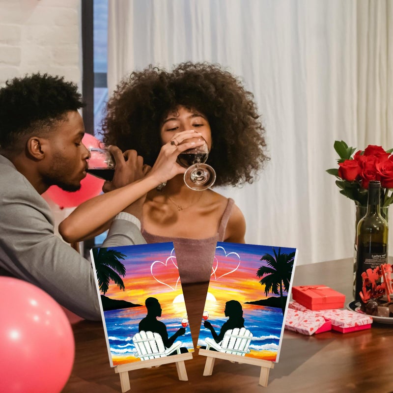 VOCHIC Sip and Paint Kit,Pre Drawn Canvas Couples Paint Party Kit Painting Art Set for Adults Date Night Sunset Beach Lovers 2 Pack (8 x 10 Inches) - Image 3