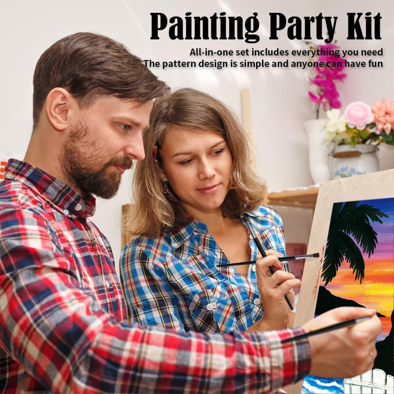 VOCHIC Sip and Paint Kit,Pre Drawn Canvas Couples Paint Party Kit Painting Art Set for Adults Date Night Sunset Beach Lovers 2 Pack (8 x 10 Inches) - Image 5