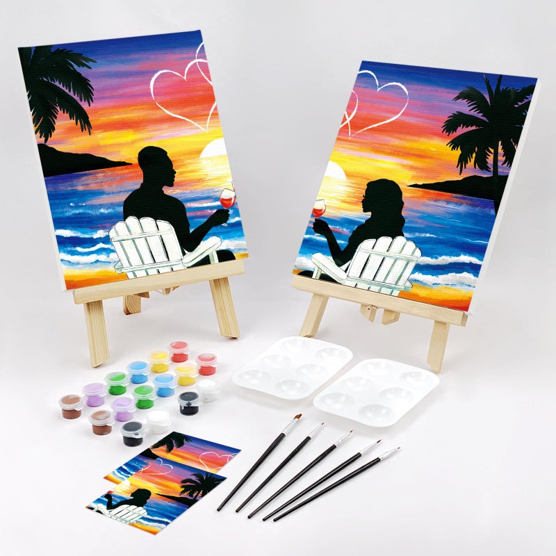 VOCHIC Sip and Paint Kit,Pre Drawn Canvas Couples Paint Party Kit Painting Art Set for Adults Date Night Sunset Beach Lovers 2 Pack (8 x 10 Inches) - Image 2
