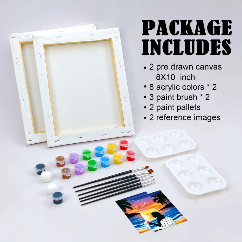 VOCHIC Sip and Paint Kit,Pre Drawn Canvas Couples Paint Party Kit Painting Art Set for Adults Date Night Sunset Beach Lovers 2 Pack (8 x 10 Inches) - Image 4