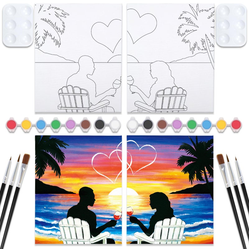 VOCHIC Sip and Paint Kit,Pre Drawn Canvas Couples Paint Party Kit Painting Art Set for Adults Date Night Sunset Beach Lovers 2 Pack (8 x 10 Inches) - Image 1