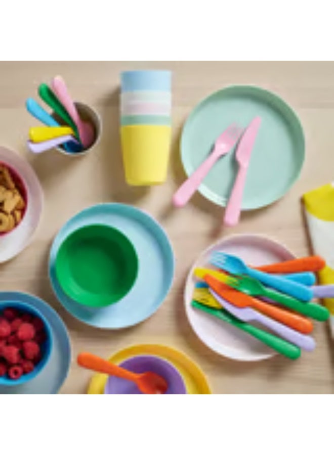 34-piece colorful plastic dinnerware set including bowls, plates, cups, and cutlery - Image 1