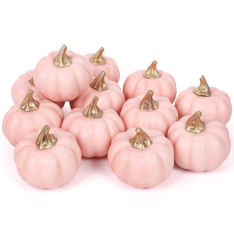 Whaline Artificial Pumpkins Bulk Vintage Pink Pumpkin Harvest Lifelike Pumpkin Fake Foam Pumpkin for Fall Autumn Halloween Home Party Supply Thanksgiving Party House Kitchen Wedding Decor12pcs