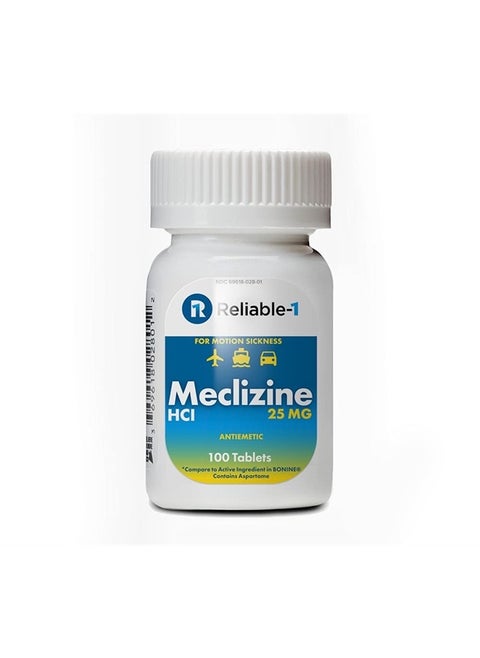 RELIABLE 1 LABORATORIES Meclizine 25 mg Generic Bonine Motion Sickness (100 Chewable Tablets, 1 Bottle) - Prevent nausea, vomiting, and dizziness caused by motion sickness