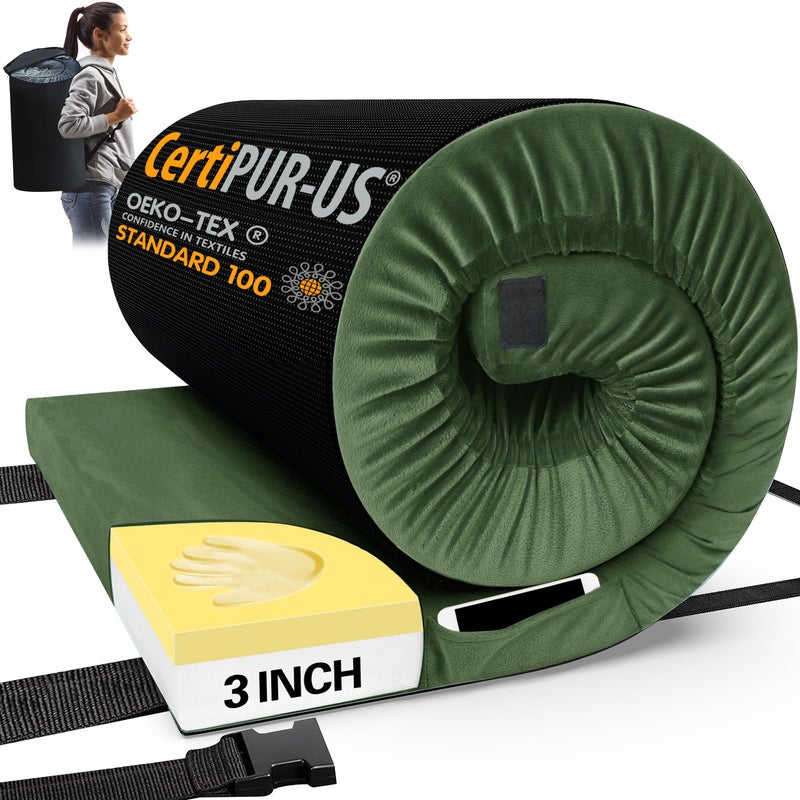 CYMULA CertiPUR-US Memory Foam Camping Mattress Pad, Portable Foam Sleeping Pad for Camping, Roll up Green Single Sleeping Mat Guest Floor Bed for Sleepover, Car, Tent SUV Cot Mattress - Image 1