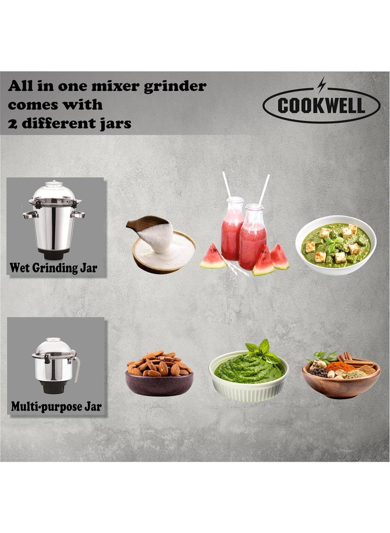 Cookwell Commercial Mixer Grinder 1500 W for Cafes, Restaurants, Hotels, Canteens (2 HP - 2 Jar), Red - Image 2