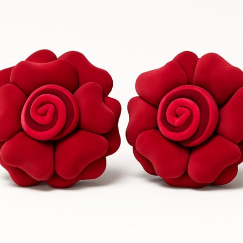 PRISCILLA Beautiful Soft Velvet Rose Flower Shaped Cushion Set of 2 (14 x 14 inches). (Red) - Image 1