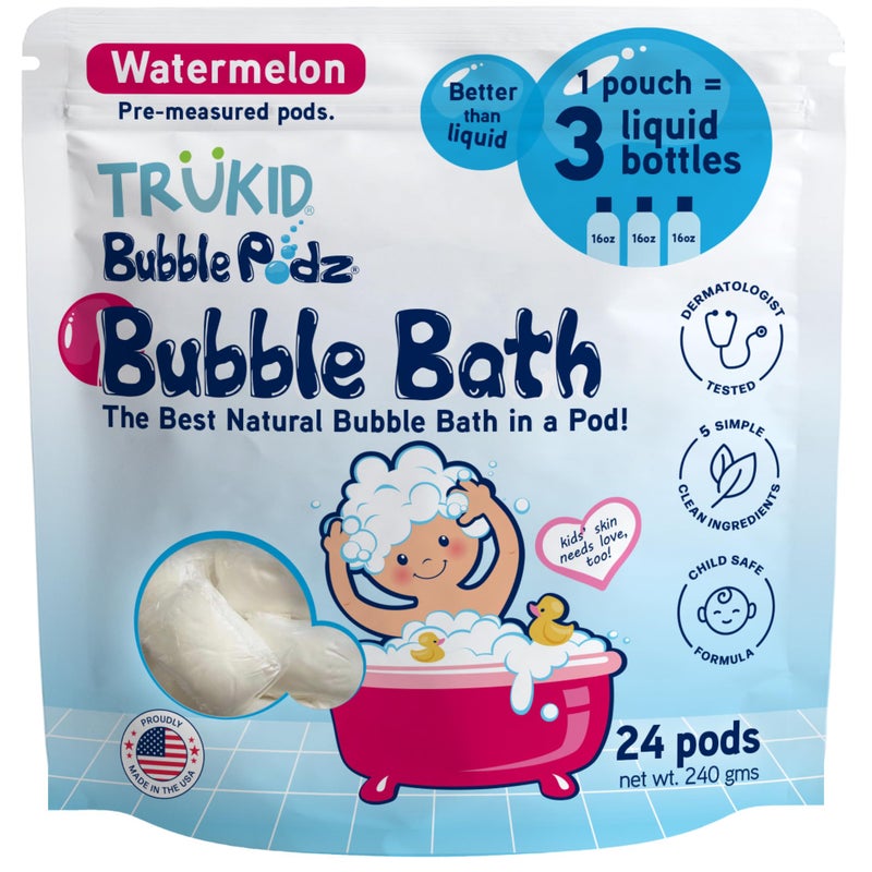 TruKid Bubble Podz Bubble Bath for Kids, Toddlers, & Babies, Tear Free Gentle & Refreshing Bath Bomb for Sensitive Skin with Natural Moisturizers, Non-Toxic, pH Balanced, Watermelon Scent (24 Podz) - Image 1
