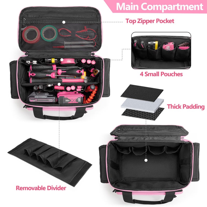 Rexmica Pink Tool Bag for Women, Tool Storage Organizer with Anti-friction and Thick Padded Bottom, Tactical Range Bag, Multi-functional Work Bag for Repairman, Electrician, Carpenters, Pink - Image 2