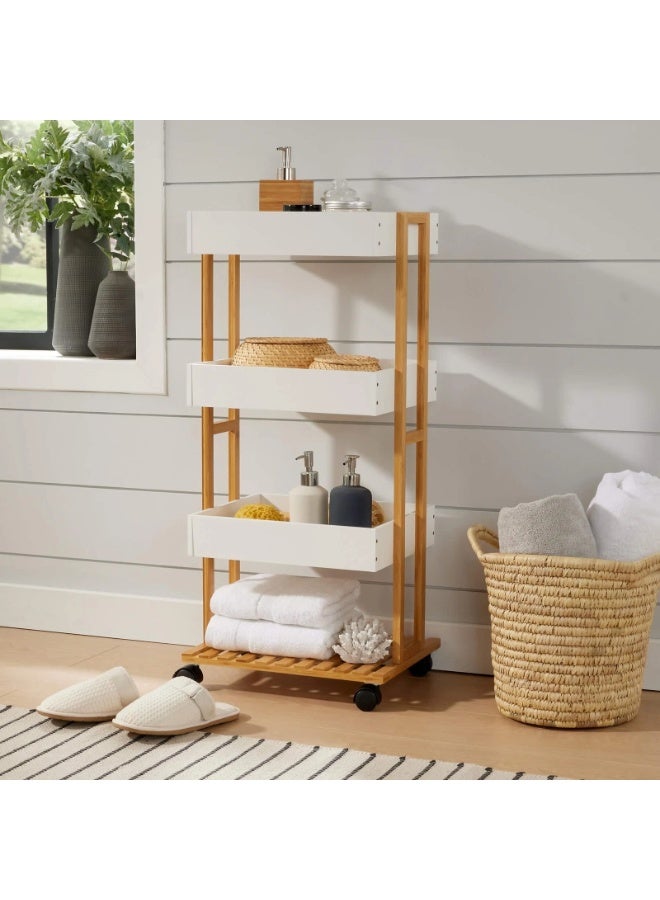 ليفينج أرفف من الخشب المميز وقاعدة خشبية وثلاثة رفوف واسعة باللون الأبيض - Image 1