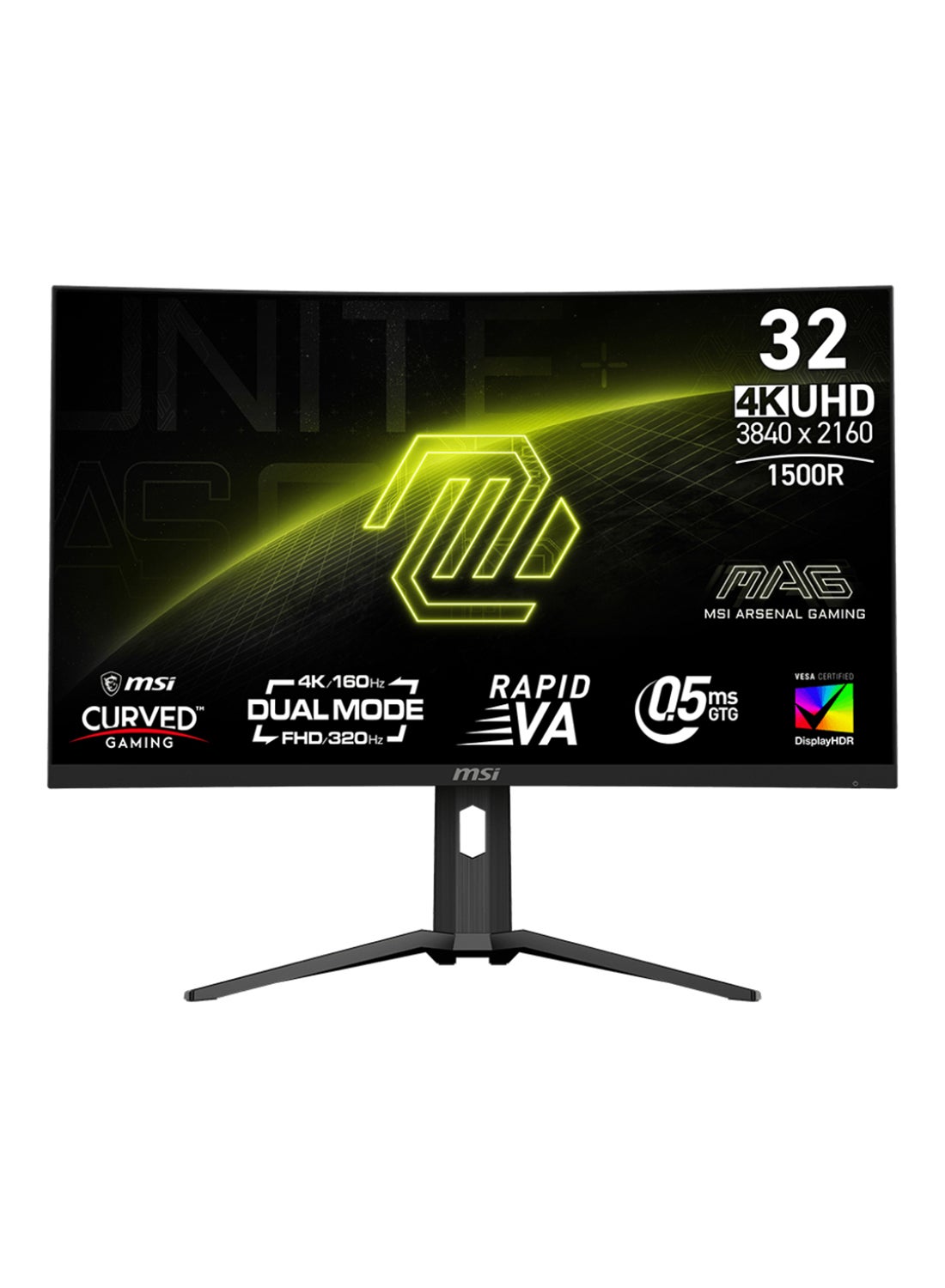 MAG 321CUPDF 31.5" 4K UHD Curved Gaming Monitor (1500R) | Rapid VA Panel, 320Hz Dual Mode (FHD), 0.5ms Response Time, AMD FreeSync Premium, VESA DisplayHDR 400, 93% Adobe RGB, 97% DCI-P3, 136% sRGB, 178° Viewing Angle, 1.07 Billion Colors, Anti-Glare, HDMI 2.1, DisplayPort 1.4, Type-C, PIP/PBP, Adjustable Height & Tilt, VESA Mount, Frameless Design | 9S6-3DC54A-036 Black