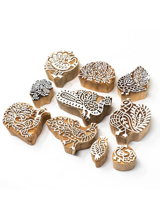 Hashcart Wooden Indian Traditional Design Printing Stamps / Blocks For Printing Saree Border / Dresses / Craft Card Making / Scrapbook / Clay Pottery (Set Of 10)  - Image 1