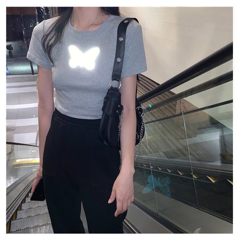 Reflective Butterfly Short-sleeved T-shirt Womens Summer 2024 New Navel Black Base Shirt Short Trendy Top Grey  - Image 1