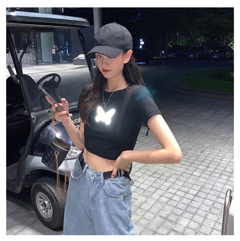 Reflective Butterfly Short-sleeved T-shirt Womens Summer 2024 New Navel Black Base Shirt Short Trendy Top Grey  - Image 2