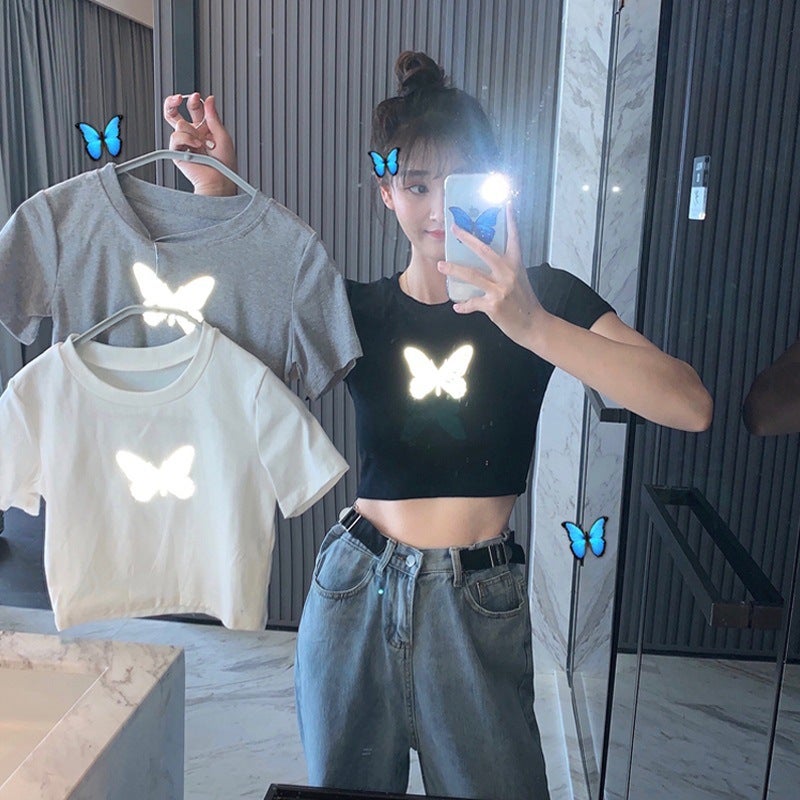 Reflective Butterfly Short-sleeved T-shirt Womens Summer 2024 New Navel Black Base Shirt Short Trendy Top Grey  - Image 3