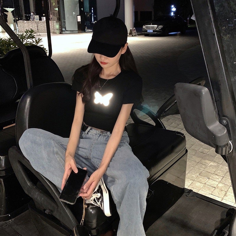 Reflective Butterfly Short-sleeved T-shirt Womens Summer 2024 New Navel Black Base Shirt Short Trendy Top Grey  - Image 4