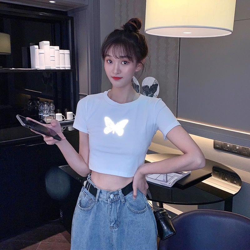 Reflective Butterfly Short-sleeved T-shirt Womens Summer 2024 New Navel Black Base Shirt Short Trendy Top Grey  - Image 5