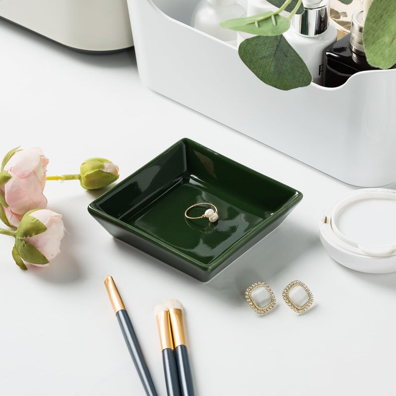 Mecaikru Ceramic Trinket Dish  Ring Tray  Decorative Jewelry Dish For Earrings Necklaces Watch Keys For Women (Dark Green Square) - Image 3