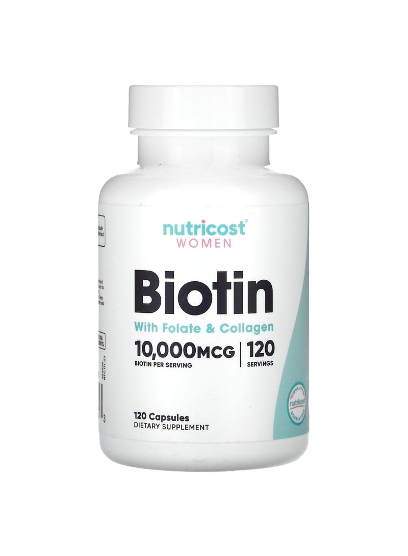 Women, Biotin With Folate & Collagen, 10,000 mcg, 120 Capsules