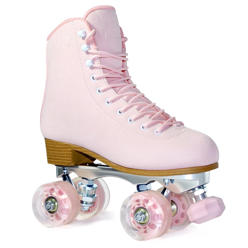 TUOSAMTIN Roller Skates for Women or Men with Height Adjustable Rubber Stoppers Retro Suede Quad Roller Skates for Outdoor and Indoor Pink 8 - Image 2
