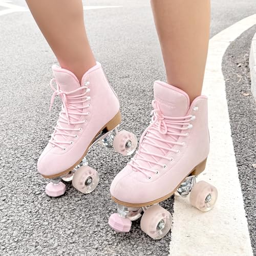 TUOSAMTIN Roller Skates for Women or Men with Height Adjustable Rubber Stoppers Retro Suede Quad Roller Skates for Outdoor and Indoor Pink 8 - Image 3