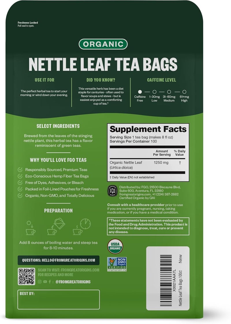 FGO Organic Nettle Leaf Tea Bags - 100 Count Eco-Conscious Kraft Bag from Croatia - Image 2