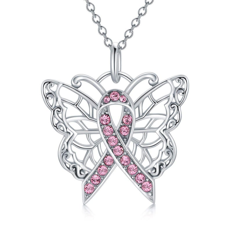 AOBOCO 925 Sterling Silver Breast Cancer Awareness Butterfly Pink Ribbon Pendant Necklace with Austrian Crystals, Breast Cancer Survivor Gifts for Women - Image 1