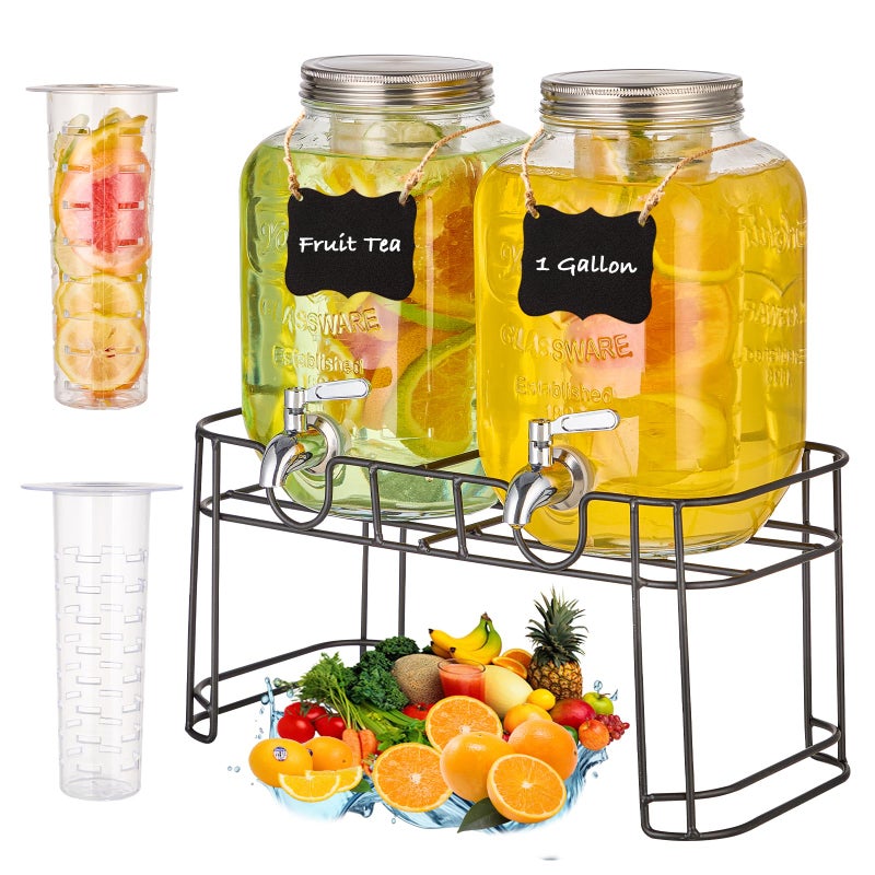 MQRFFTU 1 Gallon Glass Drink Dispensers for Parties, 2PACK Beverage Dispenser with Stand, Fruit Infuser and Stainless Steel Spigot 100% Leakproof, Beverage Dispenser for Lemonade Sun Tea - Image 1