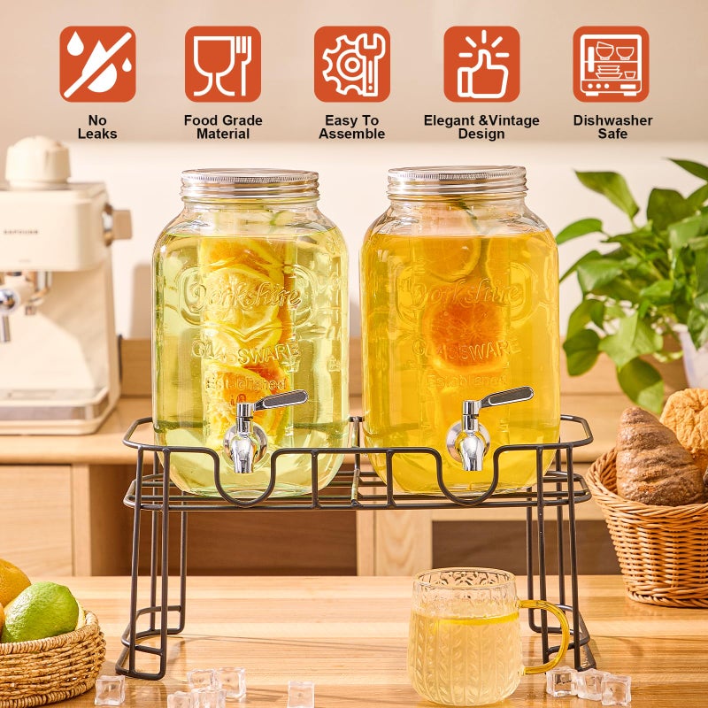 MQRFFTU 1 Gallon Glass Drink Dispensers for Parties, 2PACK Beverage Dispenser with Stand, Fruit Infuser and Stainless Steel Spigot 100% Leakproof, Beverage Dispenser for Lemonade Sun Tea - Image 2