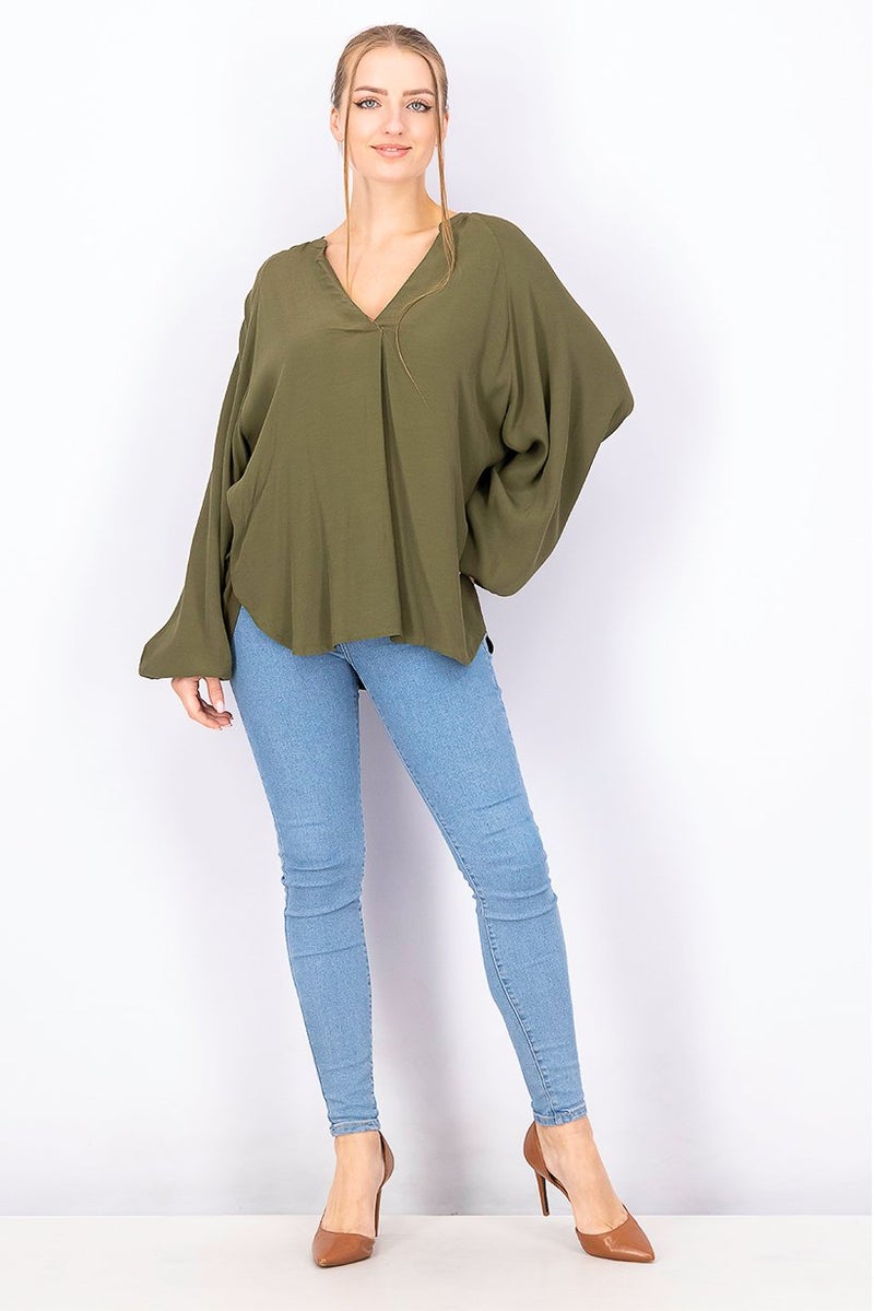 ESPRIT Women Split Neck Long Sleeve Plain Blouse, Olive - Image 2