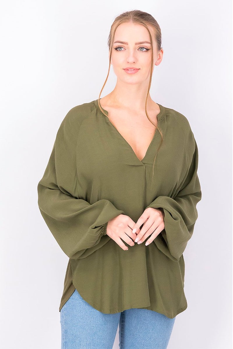 ESPRIT Women Split Neck Long Sleeve Plain Blouse, Olive - Image 1