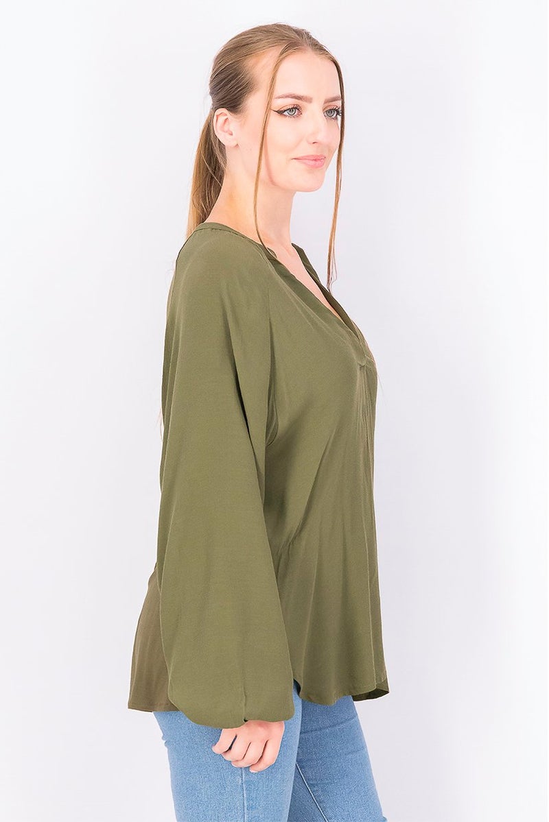 ESPRIT Women Split Neck Long Sleeve Plain Blouse, Olive - Image 3