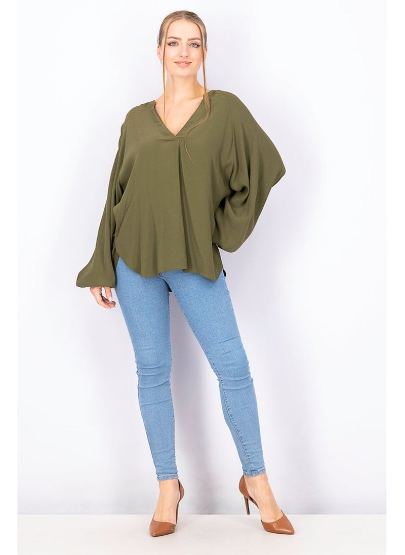 ESPRIT Women Split Neck Long Sleeve Plain Blouse, Olive - Image 5