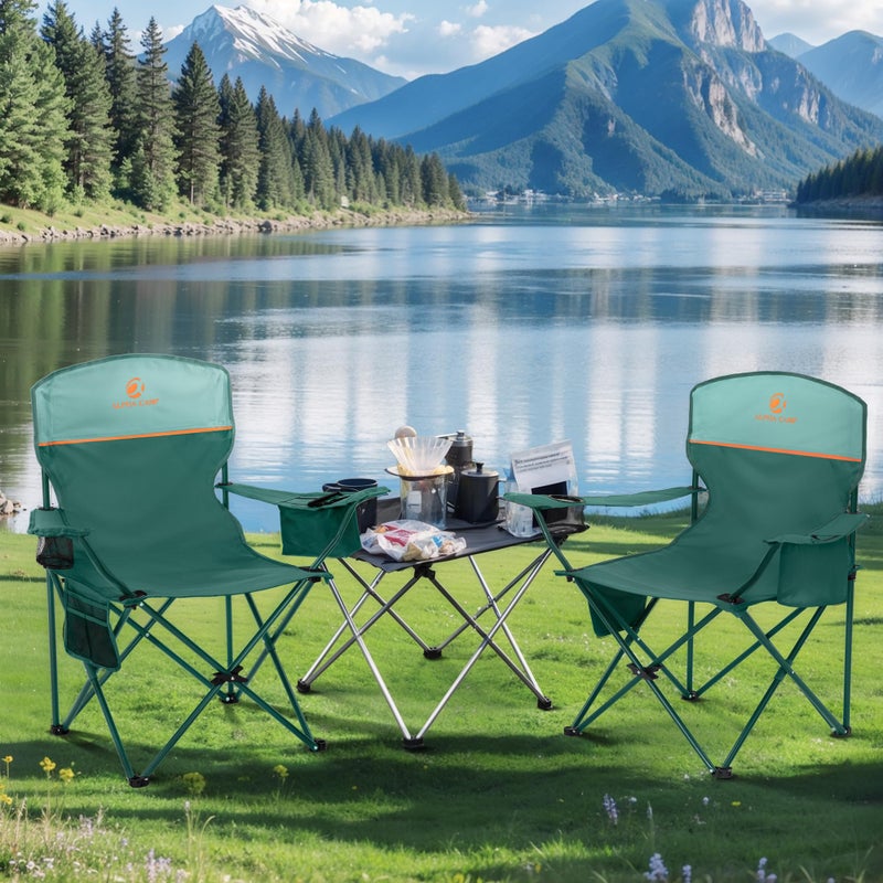 LET'S CAMP Camping Chair 2 Pack Folding Chair with 3-Can Cooler Bag Portable Lawn Chair with Cup Holder,Storage Pocket, Supports 225LBS, Collapsible Chair for Camp, Beach, Picnic (Green) - Image 2