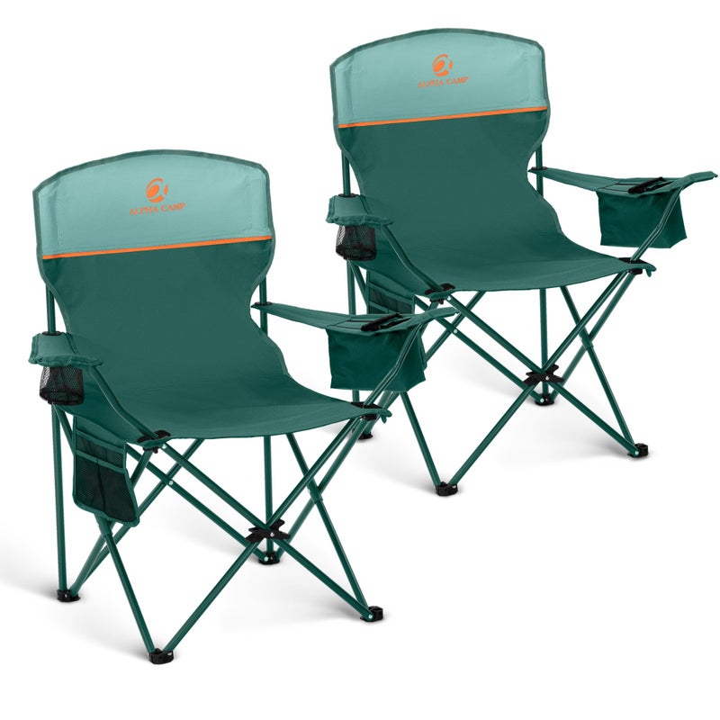 LET'S CAMP Camping Chair 2 Pack Folding Chair with 3-Can Cooler Bag Portable Lawn Chair with Cup Holder,Storage Pocket, Supports 225LBS, Collapsible Chair for Camp, Beach, Picnic (Green) - Image 1