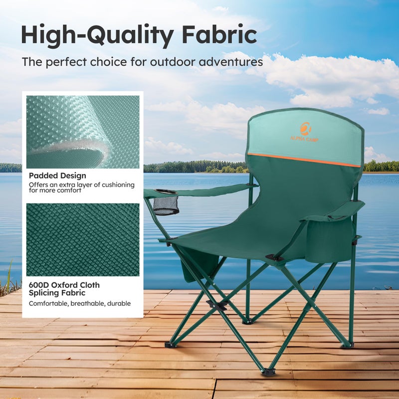 LET'S CAMP Camping Chair 2 Pack Folding Chair with 3-Can Cooler Bag Portable Lawn Chair with Cup Holder,Storage Pocket, Supports 225LBS, Collapsible Chair for Camp, Beach, Picnic (Green) - Image 5